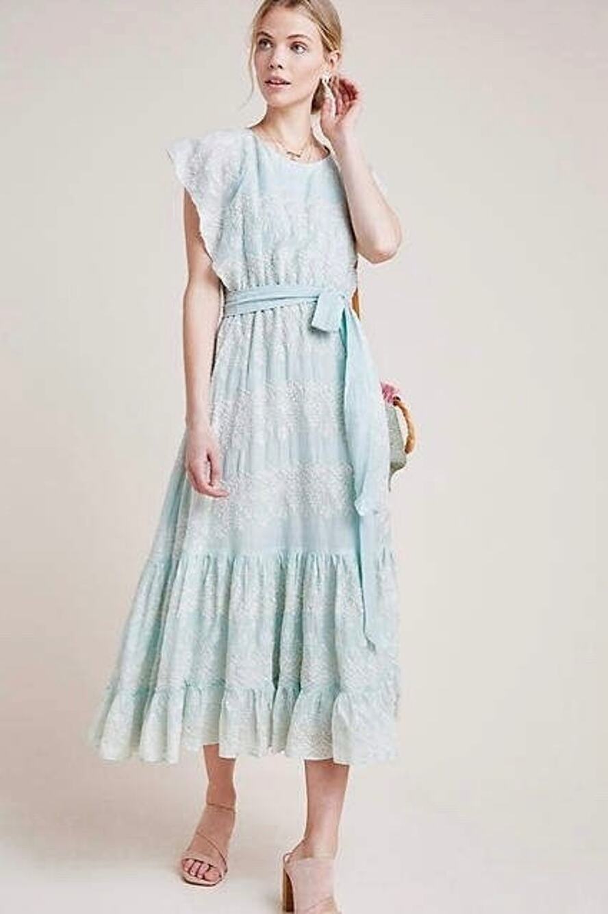 Love Sam Tallulah Embroidered Maxi Dress Size Small Cool Aqua Anthropologie NWT